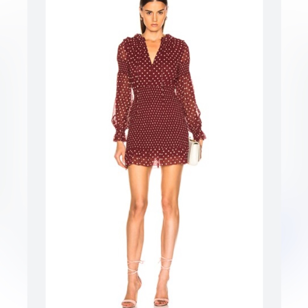 NICHOLAS Silk burgundy and white polka dot long-sleeved mini dress
